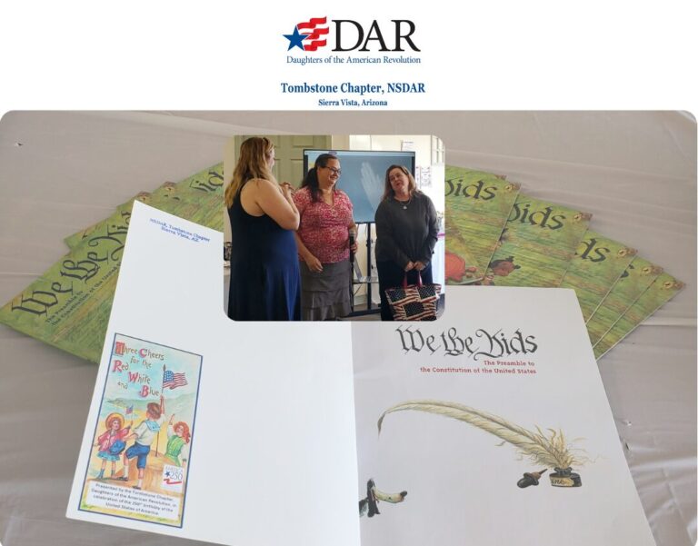 February 15, 2025, sixty-one books purchased with funds from a Celebration Grant of the National Society Daughters of the American Revolution were donated to “Reading Across Cochise County” to celebrate America’s 250th Birthday. (L-R)Chapter Regent Jenie Buensalido and Chapter America 250 Committee Chair Heather Morris presented the books to Cochise County School Liaison Rachel Henry.