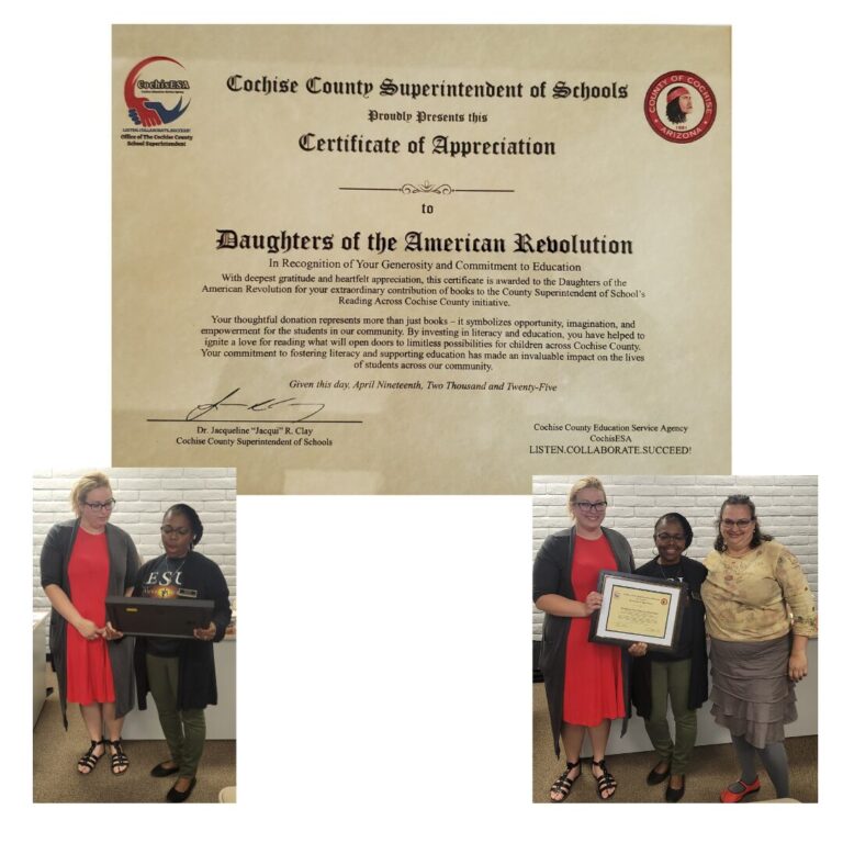 Certificate of Appreciation from the Cochise County Superintendent of Schools for our donation of 61 books to her "Reading Across Cochise County" Initiative, April 19, 2025.